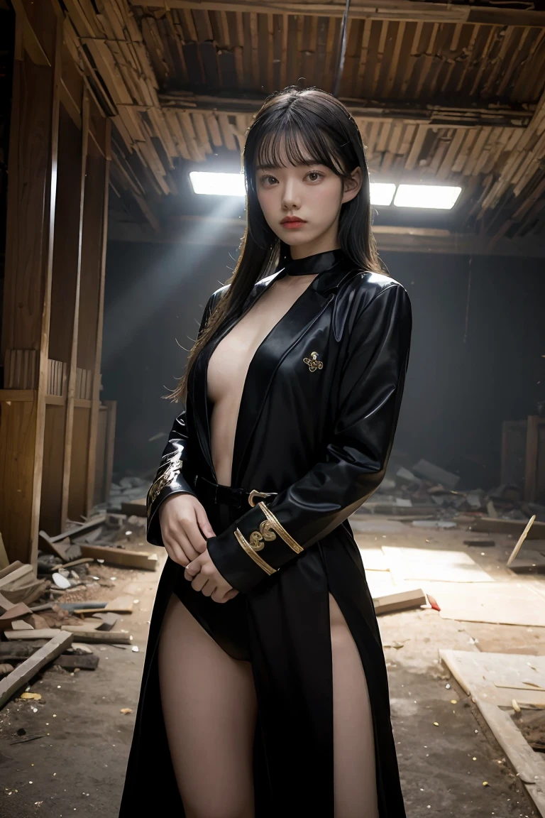 1girl, (shapely body), (solo), 19 years old,  hdr, suit, Hwa Ryun stands in the semi-darkness of a ruined building surrounded by opponents. Her black robe sticks to her body, as if taking on a shadow, and the golden patterns on her mask shine in the dim light. Sharp, elegant blades flash in her hands.