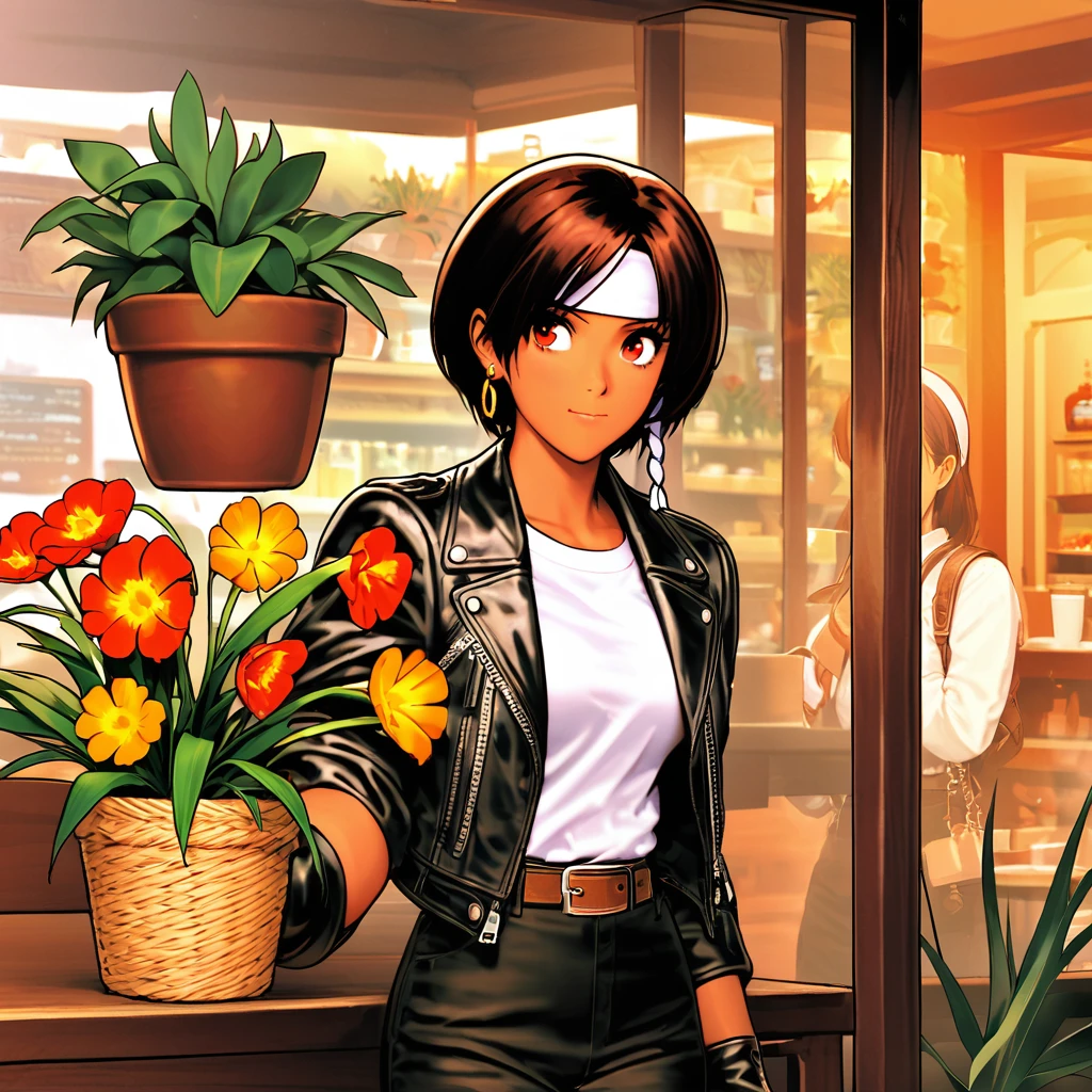 Light colored ((black leather jacket with arms rolled up)), ((white headband)), jacket open, white T-shirt, black pants, brown belt, black slacks, fingerless gloves, woman wearing white sneakers , holding basket with flowers in hand . Chic, soft atmosphere. Soft light. ((cafe with many potted plants and colorful flowers in background)). Short cut, bangs, dark hair, red eyes, dark skin, ribbon, cupped earrings, side braid, chest, closed mouth, shy, large sparkling eyes.