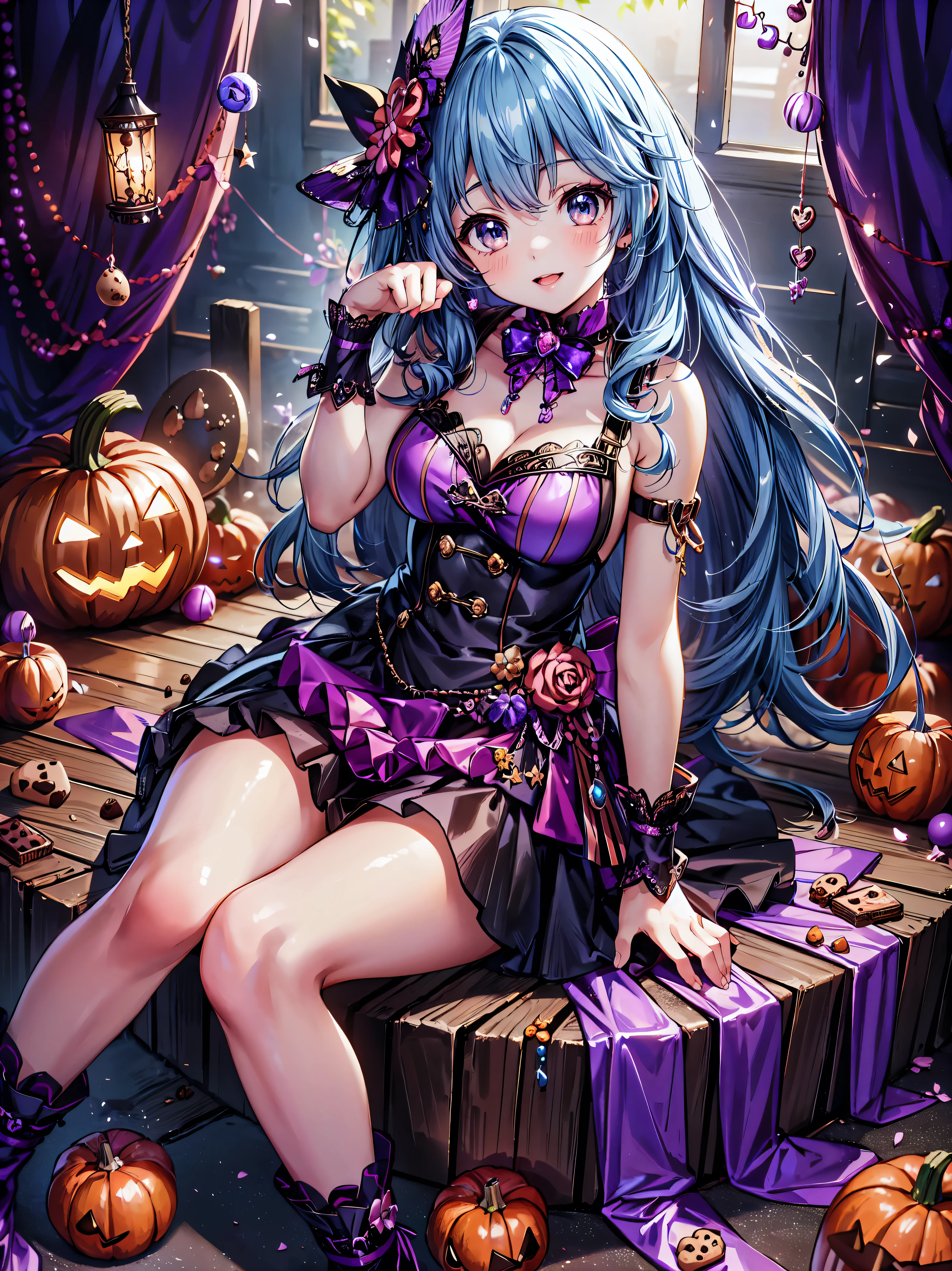 (( super high image quality )), ((Super detailed)), ((Best Quality)), Young woman,  Halloween , witch, witch's hat, lanthanum, 🎃, ((sweets, candy, cookie)), 
BREAK 
wavy hair, blue hair, happy smile, from front, sitting, head tilt, ((paw pose)), (((Complete Hand))),  amazing digital paint , (anime moe art style:1.3),