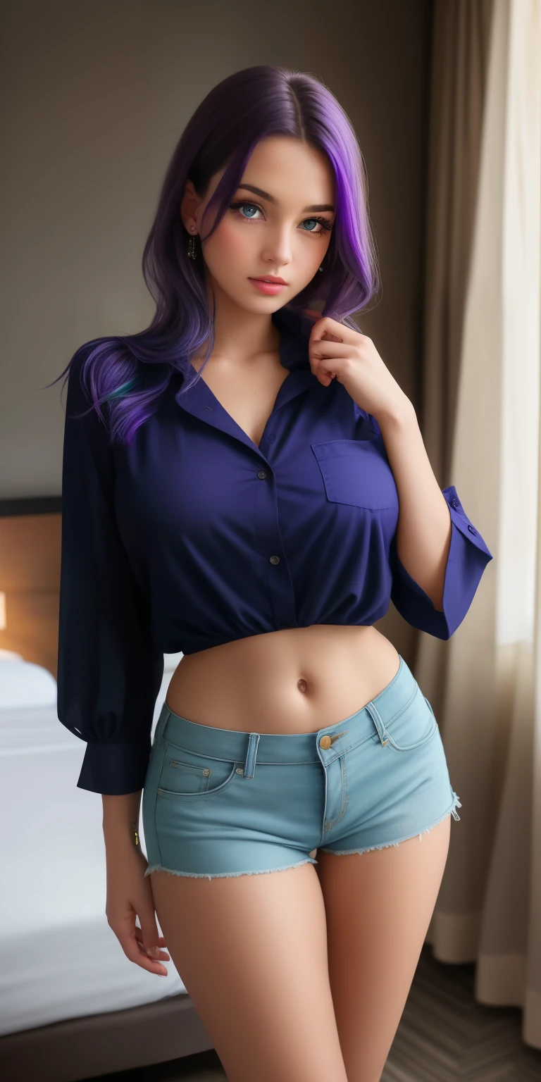 girl, purple hair, blue streak, green eyes, big eyes , expressive eyes, beautiful eyes, ((open blouse)), (short button-down blouse), ( without bra ), shorts, victory pose, mystical colors , contemporary impressionism, iridescent hue, cute face, Ultra HD, HDR, 8k, (work of art), masterpiece , ultra high res, medium breasts , partially sampled breasts, inside a hotel room.