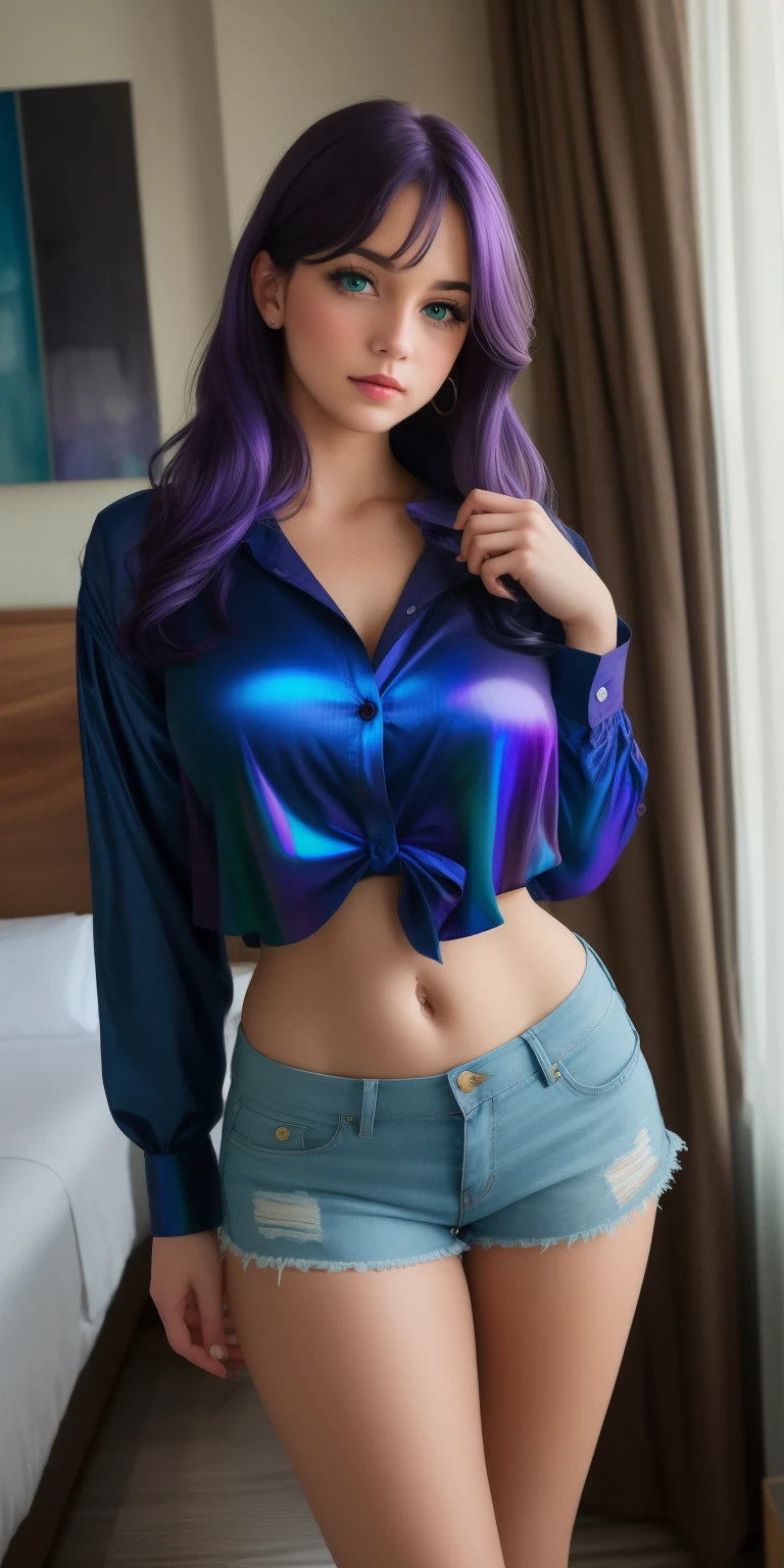 girl, purple hair, blue streak, green eyes, big eyes , expressive eyes, beautiful eyes, ((open blouse)), (short button-down blouse), ( without bra ), shorts, victory pose, mystical colors , contemporary impressionism, iridescent hue, cute face, Ultra HD, HDR, 8k, (work of art), masterpiece , ultra high res, medium breasts , partially sampled breasts, inside a hotel room.