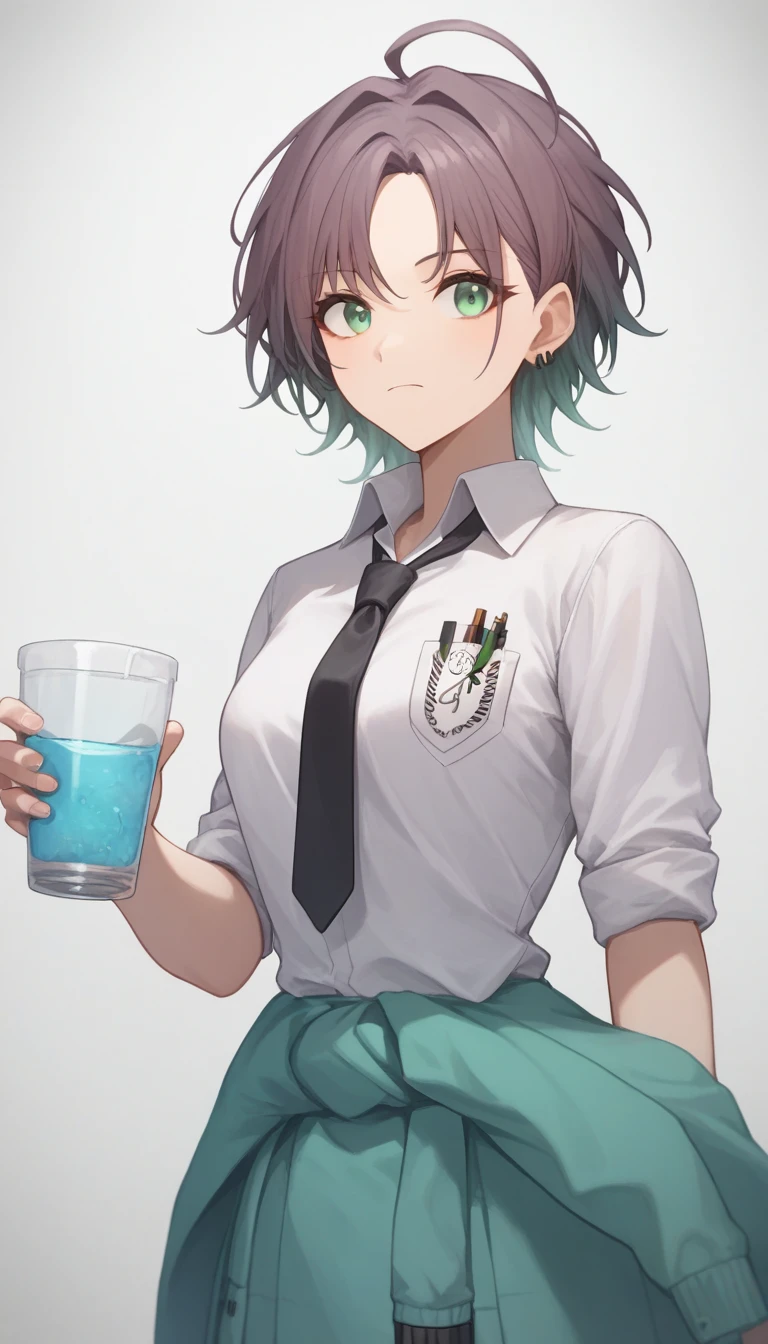  score_9, score_8_up, score_7_up, 1 girl, Ahoge, Askura_Tor, bad_, bad__, black_tie, green_eye, green_hair, green_ jacket, brown_hair,  commentaries _ request ,  earrings with cups, Gradient_hair,  Kampala,  jacket_The surrounding area_Waist,  staring _in_Viewers,  divided by w_前hair, School_, short_hair, sleeves_Rolled up_up, Alone, white_background, white_shirt