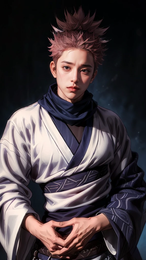 ((RyomenSukuna)),1man, blue scarf, japanese clothes, white kimono, wide sleeves, long sleeves, obi, tabi, zouri, upper body, ((solo)), 1man, detailed face, intricate eyes, film grain, smile evil,