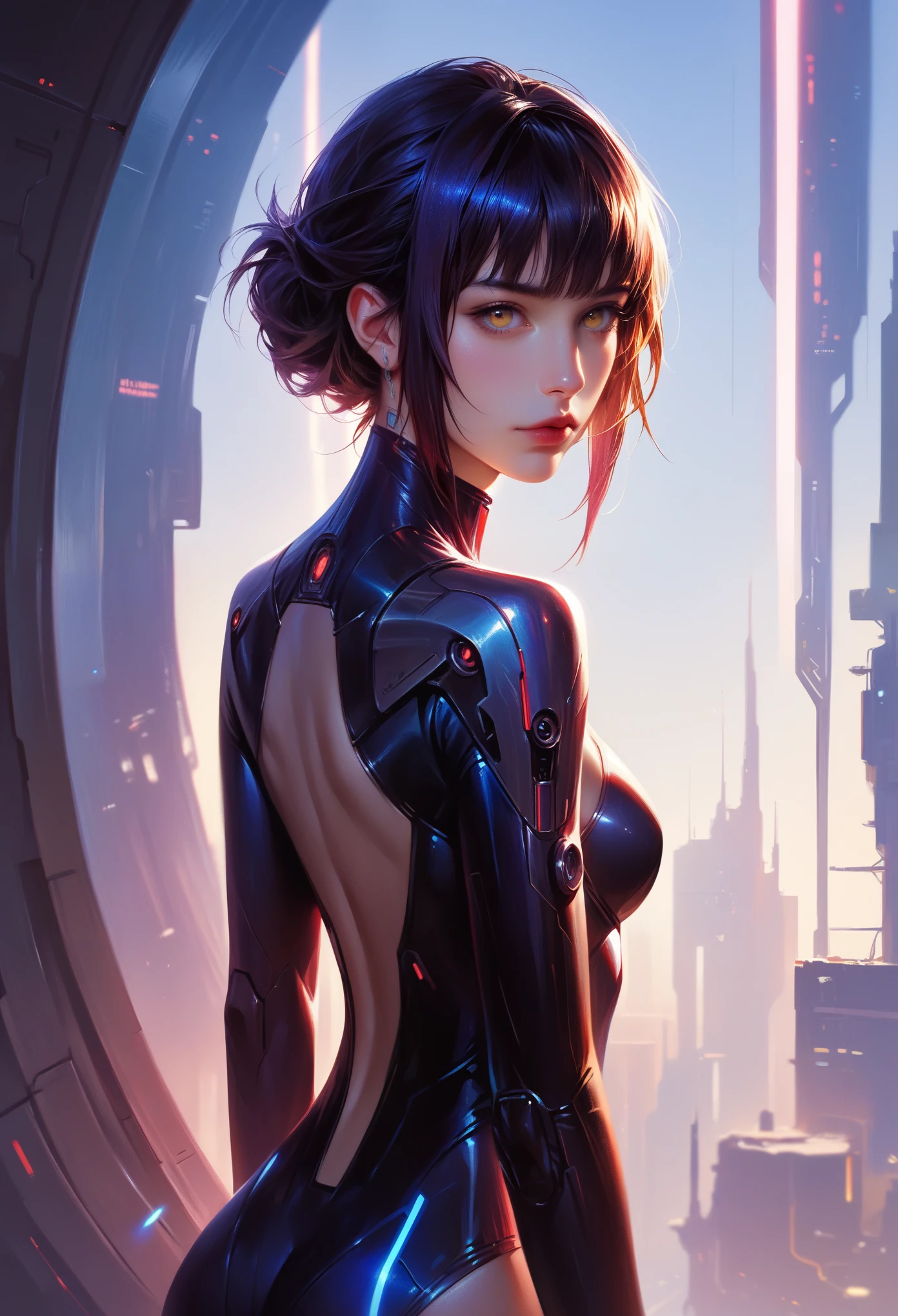 score_9, score_8_up, score_7_up, score_6_up, score_5_up, score_4_up, (super realistic photo:1.6), beautiful digital paint, Beautiful detailed realistic digital art, A highly detailed yellow eyed violet android girl and stunning scarlet vampire girl standing side by side in a futuristic 2200 year old sci-fi world, (doing sexy and erotic pose:1.7), intricate cyberpunk setting, dramatic lighting, cinematic composition, intense colors, chiaroscuro, moody atmosphere, photorealistic, 8k, masterpiece, ultra-detailed, extremely detailed erotic facial features, realistic skin textures, advanced android technology, flowing clothes, complex background elements, neon lights, holographic displays, advanced architecture, dynamic poses, powerful and mysterious,