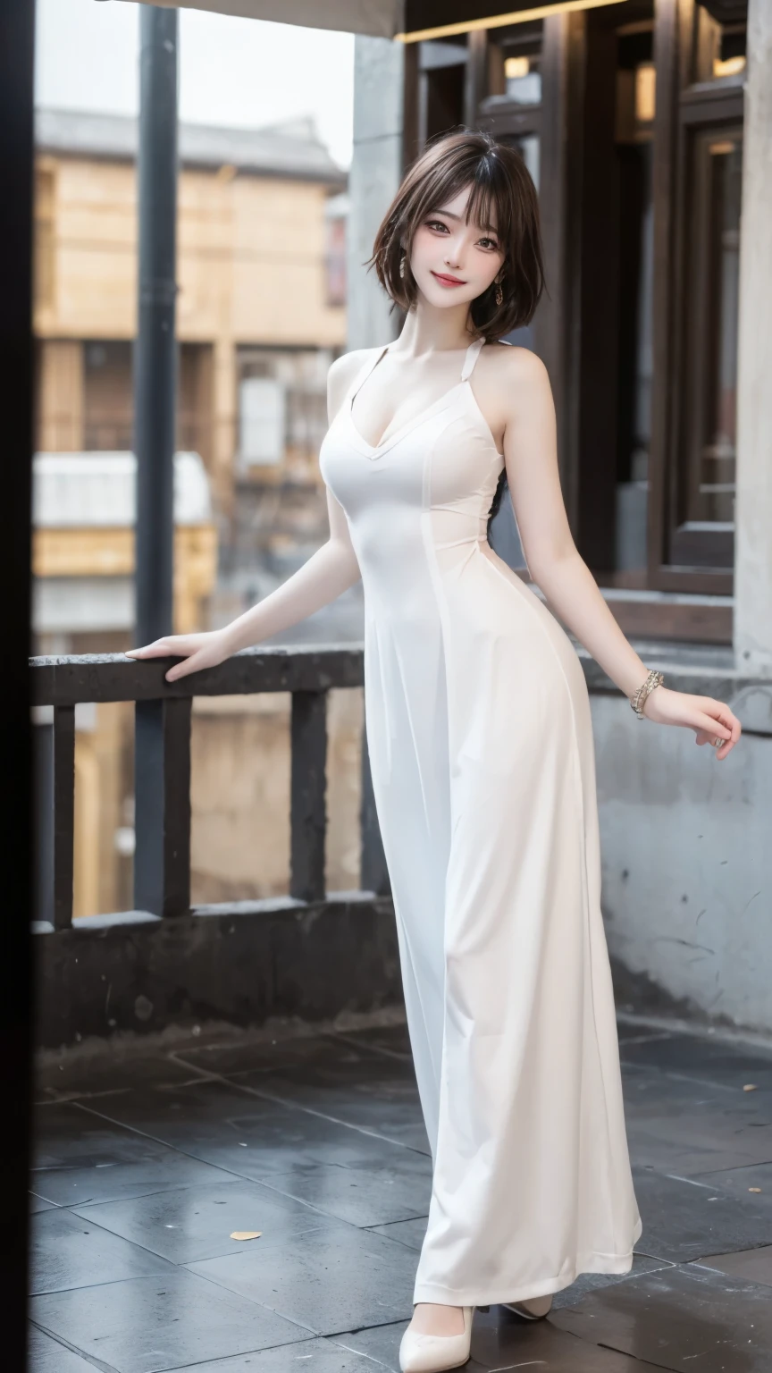Shoot from a distance, 8k, Masterpiece, Photo brute, Best quality, photoreallistic, extremely detailed CG unity 8k wallpaper, profondeur de champ, cinematic light, Lens Flare, Ray Tracing, (extremely beautiful face, lovely lips, beaux yeux), intricate detail face, ((ultra detailed skin)) 1fille, Pretty Korean girl,(Serious smile:1.3), (sur un lit, ambient light, (blurred background)),(without people in the background:1.3), Beautiful earrings, Bracelets, yeux clairs, marche, (pale skinned), (Grands yeux), Face forward, (poils bruns), seins moyens, big hip, Whole body love, Huge breasts,Big cleavage, Long legs, lewd pose, The background is a balcony, behind is the city at night, small waist, wearing white Vietnamese dress, (full body:1.3).