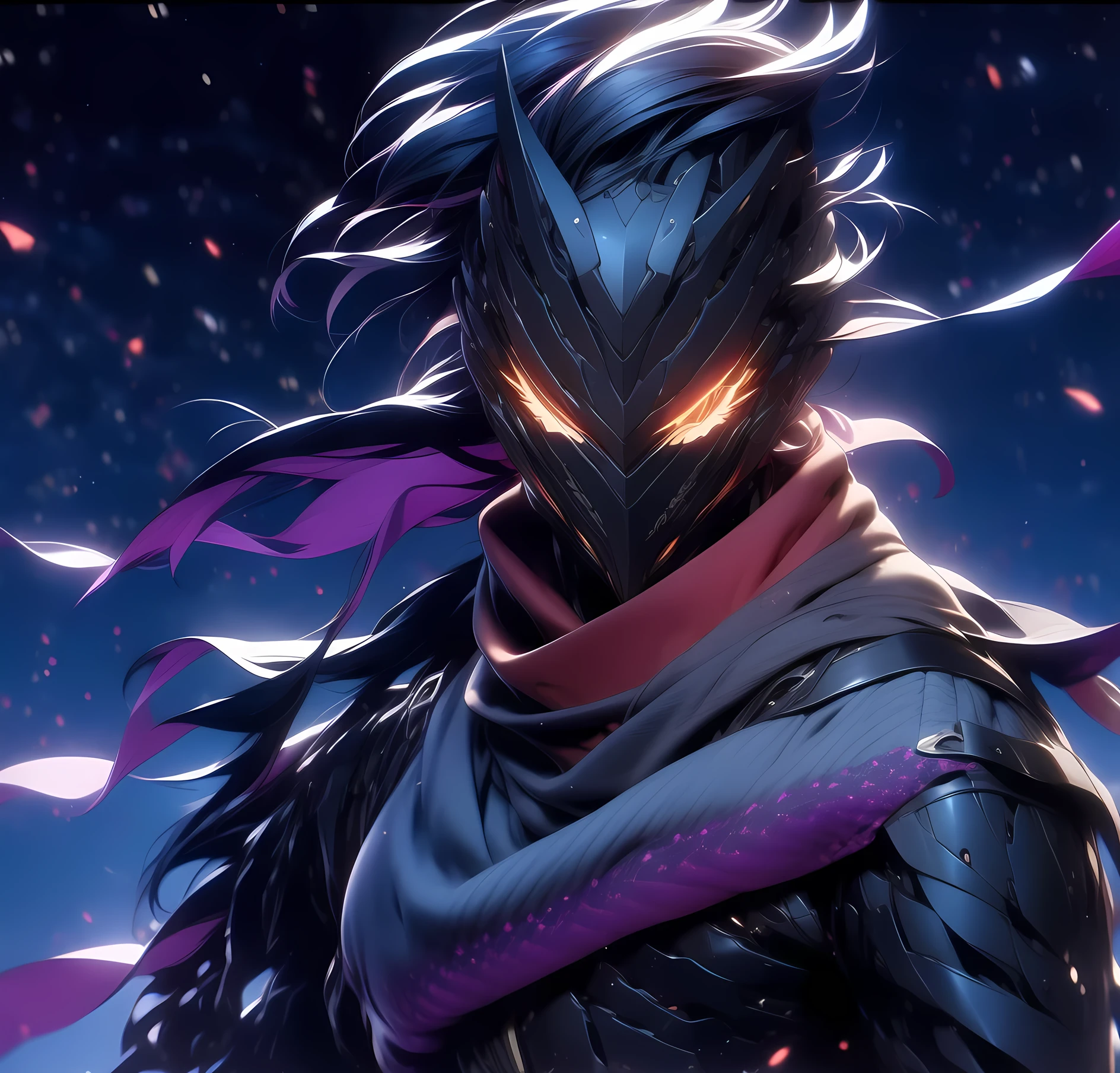 DARK PURPLE VOID WALKER WARRIOR, no helmet, holding a purple neon kitana, rage unleashed beautiful eyes and long flying hair.