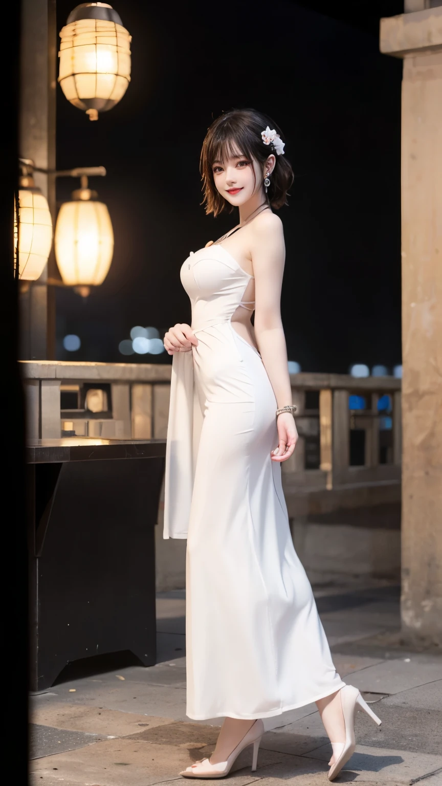 Shoot from a distance, 8k, Masterpiece, Photo brute, Best quality, photoreallistic, extremely detailed CG unity 8k wallpaper, profondeur de champ, cinematic light, Lens Flare, Ray Tracing, (extremely beautiful face, lovely lips, beaux yeux), intricate detail face, ((ultra detailed skin)) 1fille, Pretty Korean girl,(Serious smile:1.3), (sur un lit, ambient light, (blurred background)),(without people in the background:1.3), Beautiful earrings, Bracelets, yeux clairs, marche, (pale skinned), (Grands yeux), Face forward, (poils bruns), seins moyens, big hip, Whole body love, Huge breasts,Big cleavage, Long legs, lewd pose, The background is a balcony, behind is the city at night, small waist, wearing white Vietnamese dress, (full body:1.3).