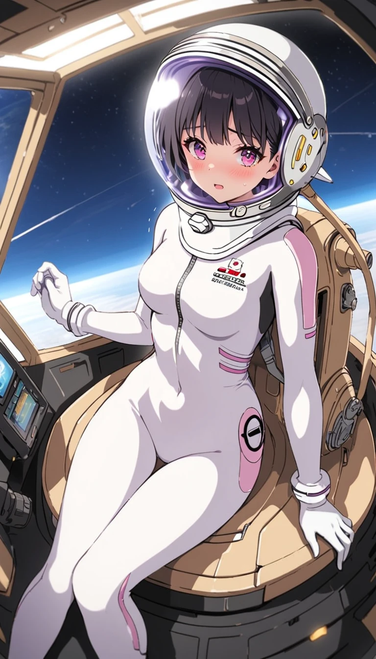 1人of女of子,Alone,short hair,(Space Suit:1.15), Black Hair Space Helmet ,whole body, indoor, masterpiece of the highest quality,  trembling, difficulty breathing, bodysuit,Lumine ,  Bubble Helmets , short hair,  backpack,gloves,blush,internal (cockpit) of (Futuristic spaceship:1.6), Sitting on narraw futuristic spacecraft cockpit seat, Covered navel, short hair