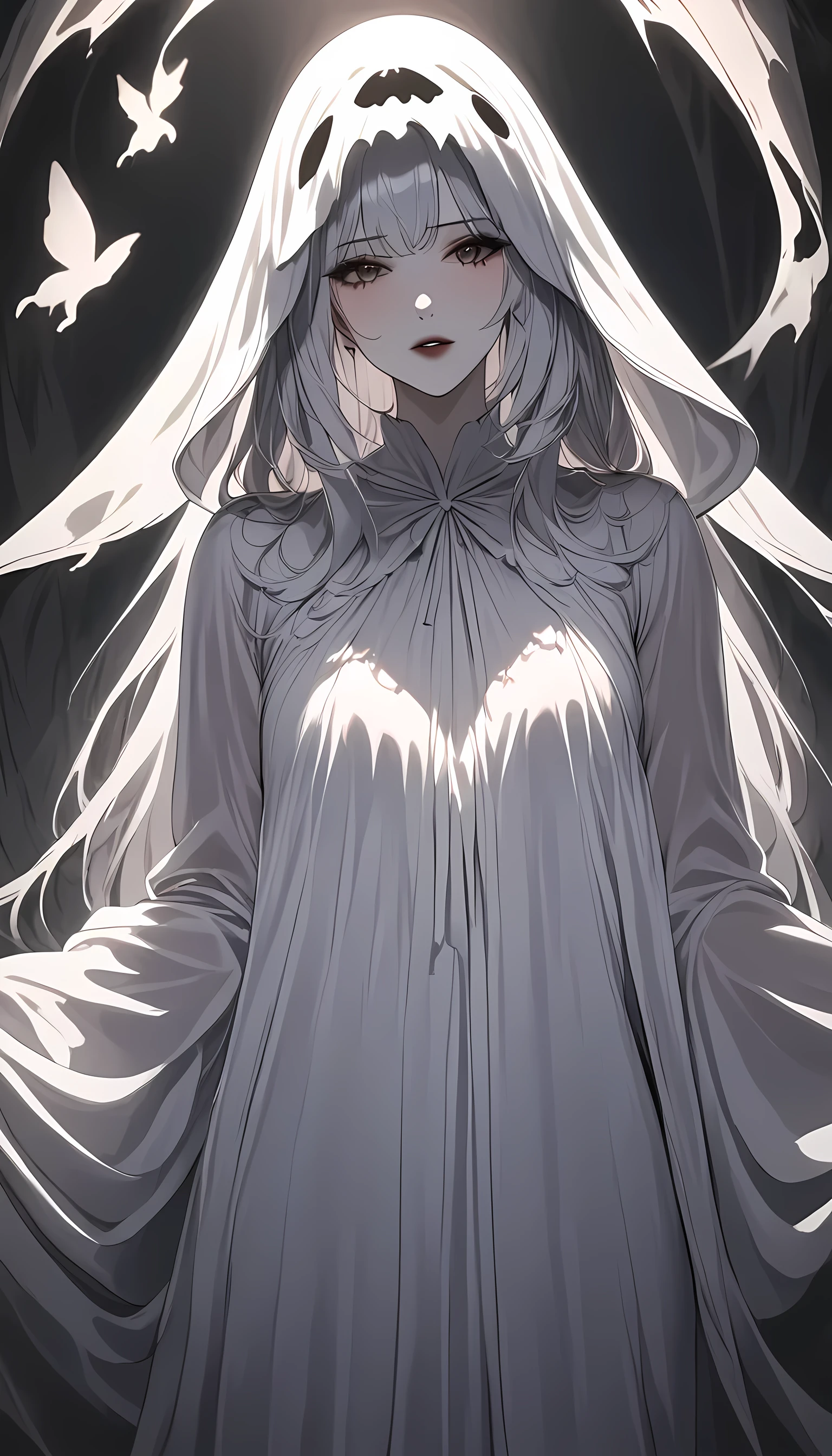 (masterpiece, best quality:1.2), 1girl, solo, ghost costume, horror, creepy, darkness, mysterious, dark moody colors, intricate ghostly details, flowing white dress, long white hair, glowing eyes, translucent skin, eerie atmosphere, dramatic lighting, dark shadows, cinematic composition