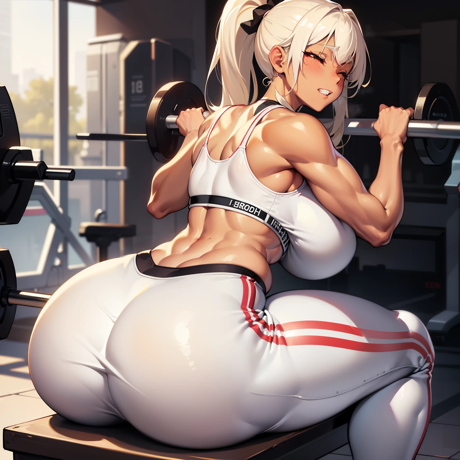 (Eine detaillierte Zeichnung von Yor , female Bodybuilding , bodybuilding gym.), shirtless, barefoot, squats 