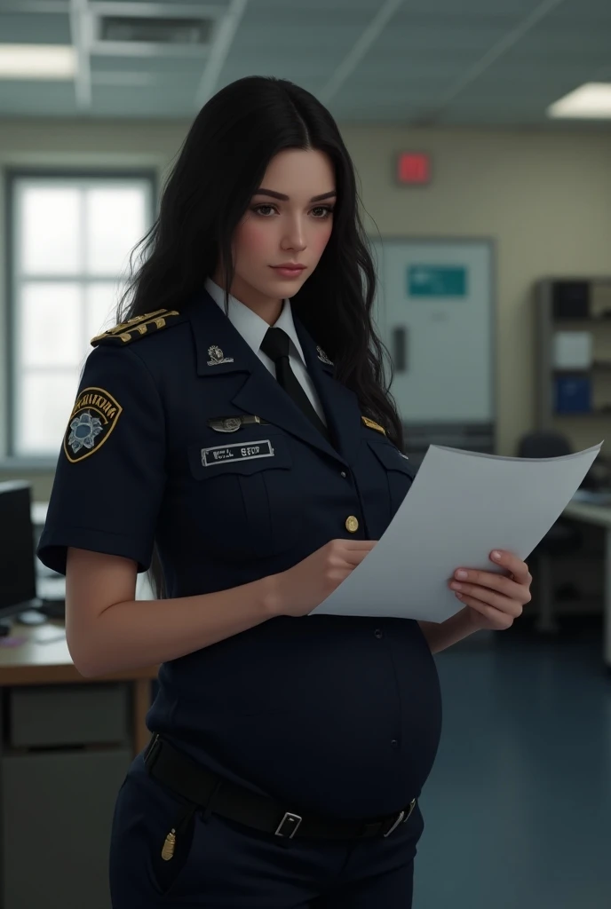 (A woman in a police uniform standing in a conference room looking at the report slip in her hand: 1.9) (may indicate police presence or participation in a meeting: 1.8) (alert and focused expression on her face: 1.7) (serious and professional atmosphere in the conference room: 1.8) (Potential significance of an ongoing meeting or discussion: 1.7)