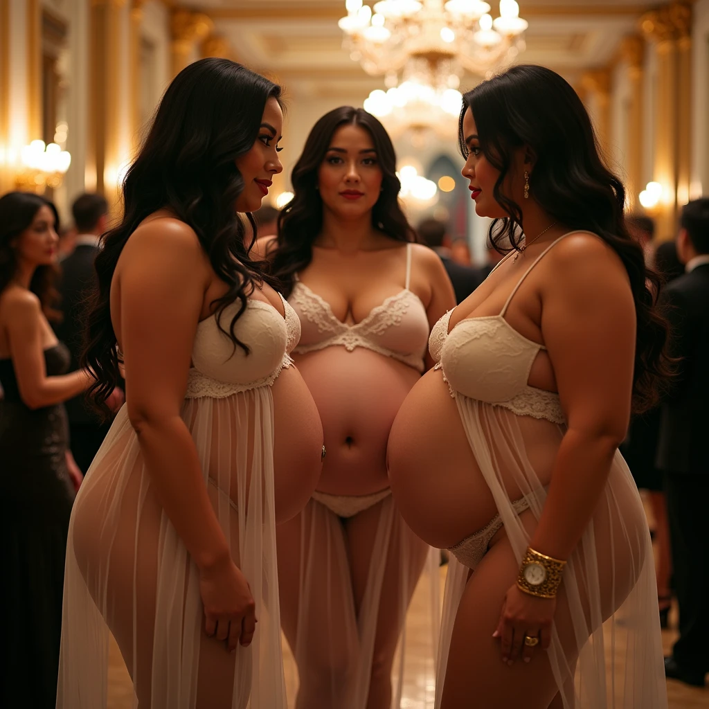 Illuminated without shadows, naked woman with her back to the camera, pregnant woman with huge loose breasts wearing a bandeau bra and thin panties facing the camera, a bent naked woman with her back to the camera, standing in a row on the snow on the top of the snowy mountain for a group photo, with a beautiful night sky overhead, wearing stiletto heels,