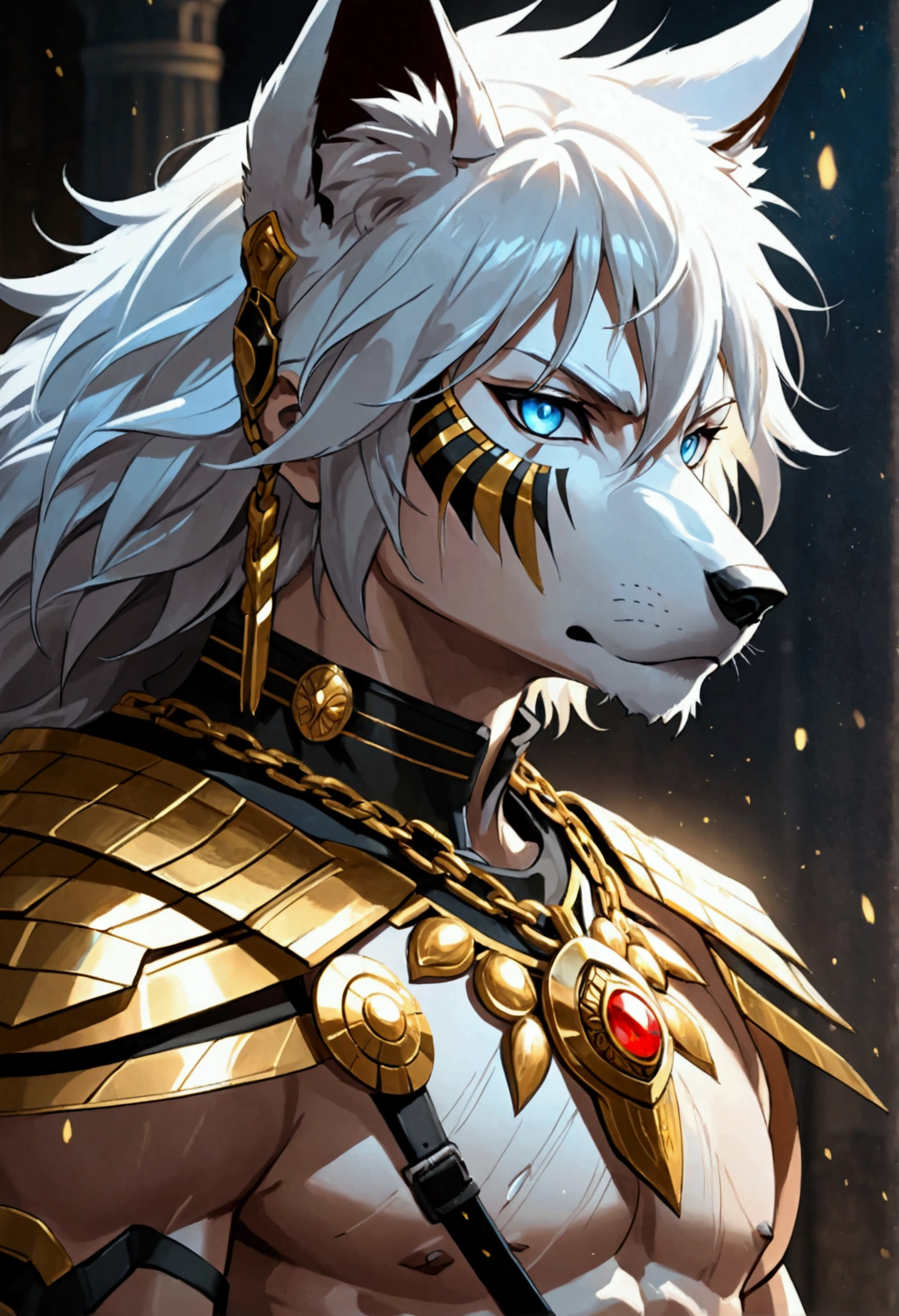 magic particles, anime face, wolf ears, white skin human, full body, black boots, cinematic lighting, darkness, group character, golden ornaments, chains, earrings, old warrior, shiny obsidian armor and golden bore details, black belt, scars, focused, newly built Egyptian style magic background, strong, ready for battle, magical, masculine, warrior stance, muscular, slim, blue eyes, standing, ancient warrior, lots of body hair, big hands, ((Dramatic studio lighting)), ((Fine lines)), ((Highly detailed)), ((Stunning graphics)), ((Detailed strokes) ), ((Atmospheric)), ((Blurred background)), ((Ultra-fine 2D design)), ((Creative scenery)), ((Highly detailed anime painting)), ((Best quality 2D strokes)), ((Best quality)), ((Sharp focus)), ((High-octane rendering)), ((8K anime style)).