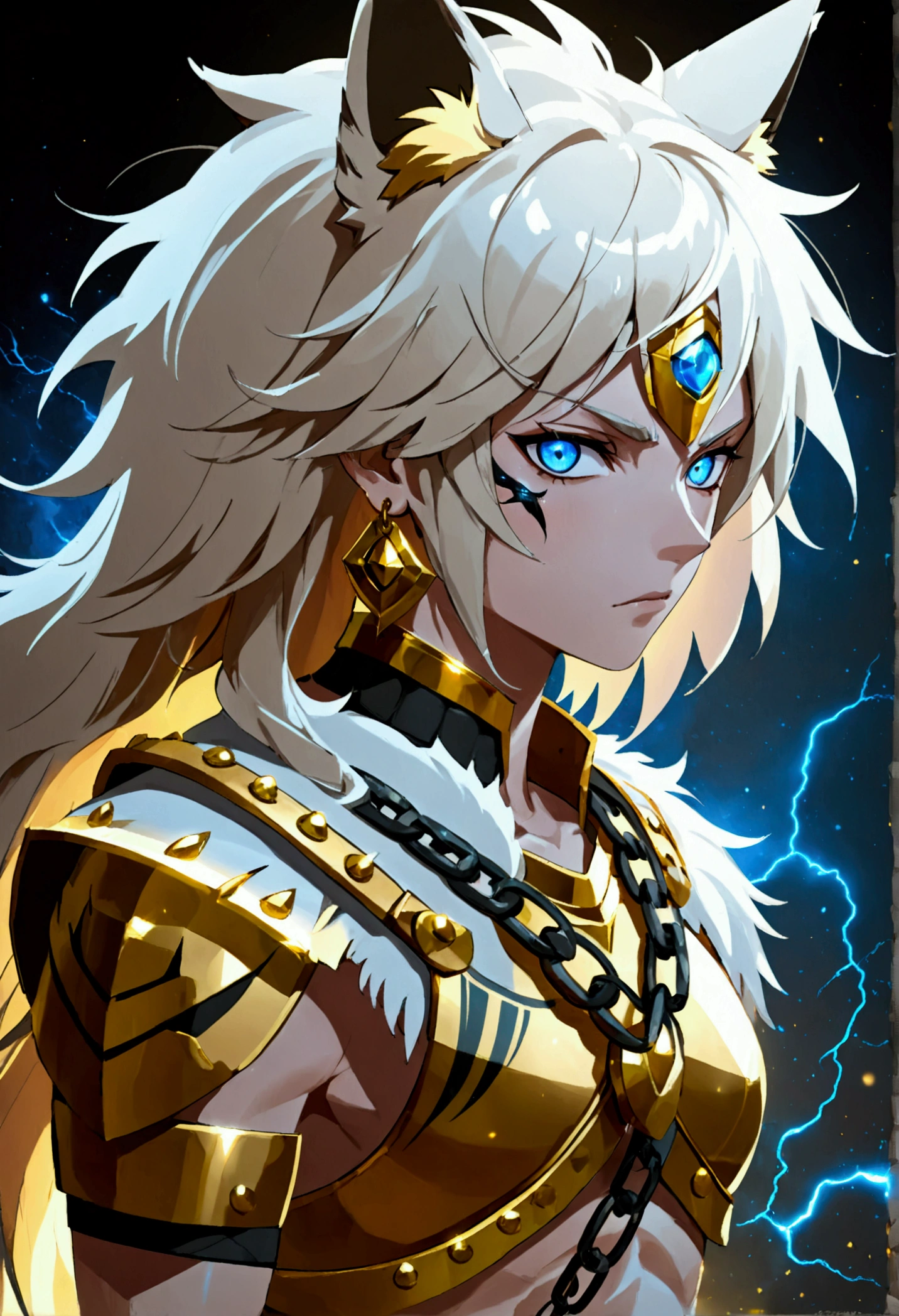 magic particles, anime face, wolf ears, white skin human, full body, black boots, cinematic lighting, darkness, group character, golden ornaments, chains, earrings, old warrior, shiny obsidian armor and golden bore details, black belt, scars, focused, newly built Egyptian style magic background, strong, ready for battle, magical, masculine, warrior stance, muscular, slim, blue eyes, standing, ancient warrior, lots of body hair, big hands, ((Dramatic studio lighting)), ((Fine lines)), ((Highly detailed)), ((Stunning graphics)), ((Detailed strokes) ), ((Atmospheric)), ((Blurred background)), ((Ultra-fine 2D design)), ((Creative scenery)), ((Highly detailed anime painting)), ((Best quality 2D strokes)), ((Best quality)), ((Sharp focus)), ((High-octane rendering)), ((8K anime style)).