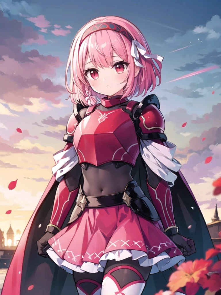 1girl, solo, masterpiece, best quality, perfect hands, lapis_def, red hairband, short hair, pink hair, red eyes, white thighhighs, cape, red skirt, red armor, bangs, skirt, gloves, braid, parted lips, black gloves, armor, shoulder armor, side braid, breastplate, closed mouth, white ribbon, hair ribbon