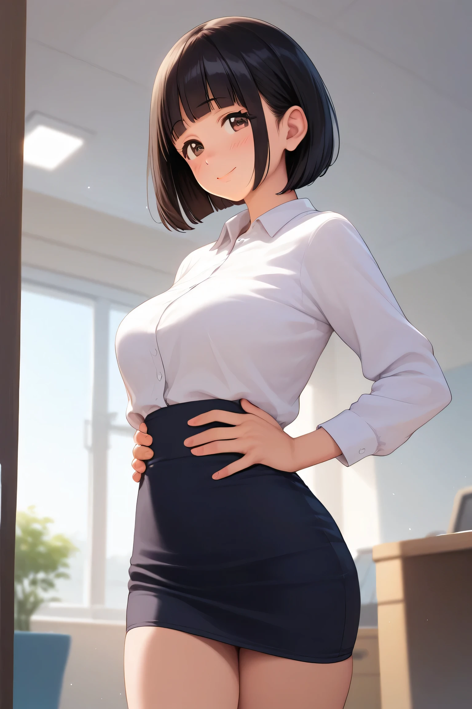 (Masterpiece、RAW photo),(highest quality),(Very detailed:1.3), slender body, (Very delicate and beautiful face), (Small beautiful eyes), 20-year-old、Japanese women、very cute, (OL, office lady, white shirt, pencil skirt:1.2)、shirt front open, (short hair, messy hair), (embarrassed)、 (looking at viewer), (Standing with legs together:1.2), (anatomically correct:1.2), Long, slender legs, hugging one’s breast softly