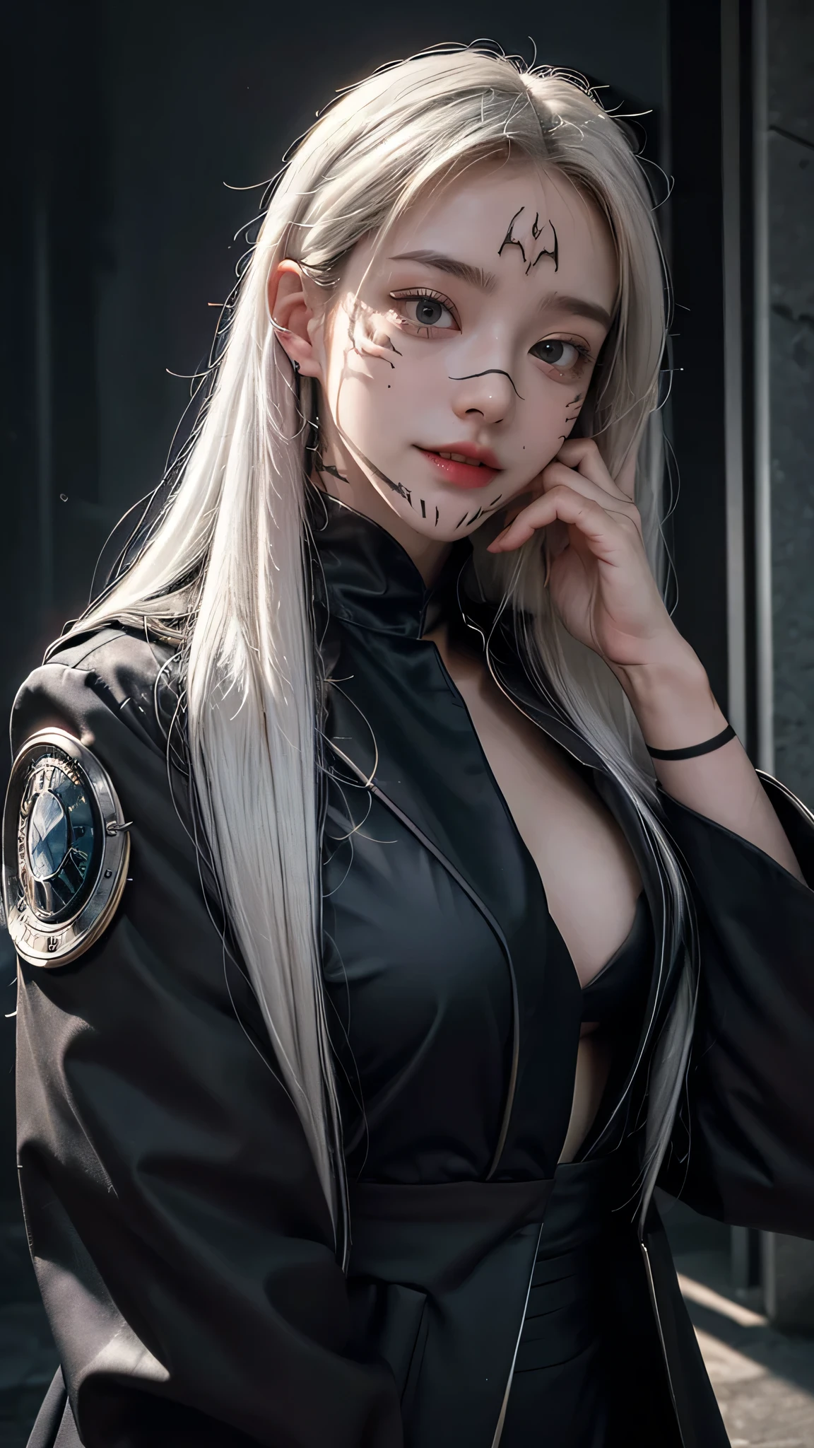 (masterpiece, best quality:1.2), upper body, solo, 1girl, sukuna tattoo, evil grin, looking at viewer, hand on own face, long hair, white hair, blue eyes, extra eyes, v-shaped eyebrows, black jacket, long sleeves, dark lighting, caustics , big breast, healthy body, 