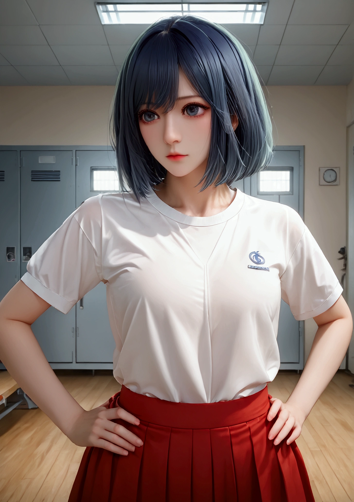 ultra-detailed,highly detailed,best quality,masterpiece,illustration, 
The image features an anime-style character with short blue hair The character is wearing a white sports shirt with red accents and a matching red skirt. The setting appears to be a locker room or a sports equipment room, as there are clothes and uniforms hanging in the background. The character's pose, with hands on hips and a slightly tilted head, suggests confidence or curiosity. The lighting is soft, casting gentle shadows and giving the scene a somewhat realistic touch despite its animated nature.