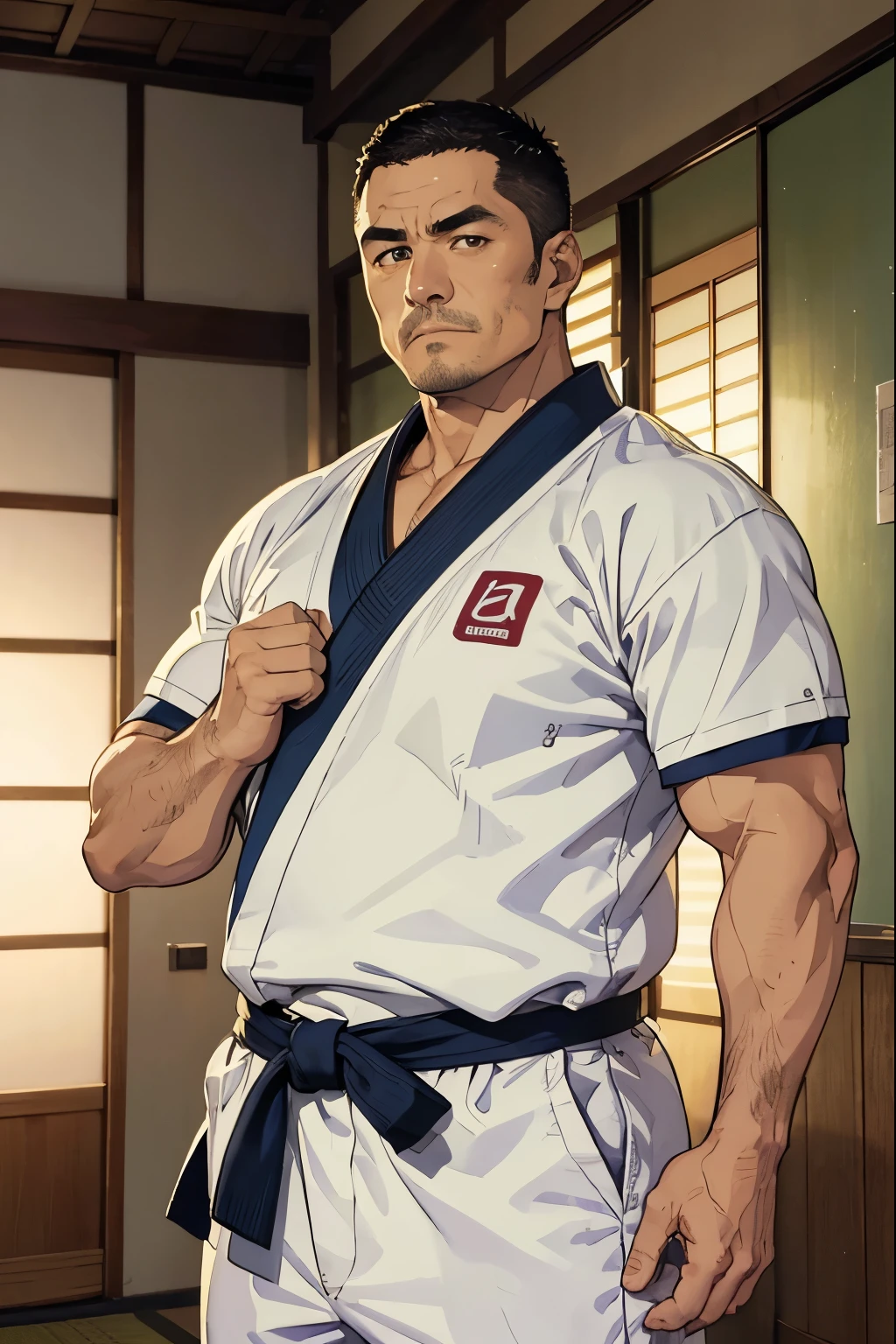 43-year-old middle-aged man in judo uniform 、Muscular、 The background is a suspicious old, dark Japanese-style room in Japan、Completely naked、detailed expression、Asian、Masculine、 handsome、Short Hair、Crew cut、