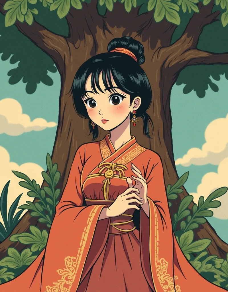 (masterpiece, best quality), 1girl, Chi Chi DBZ, 1girl, chi-chi (dragon ball z), solo, black hair, tree, outdoors, dress, black eyes, hair bun, earrings, sky, cloud, single hair bun, day, jewelry, retro artstyle, bangs, chinese clothes