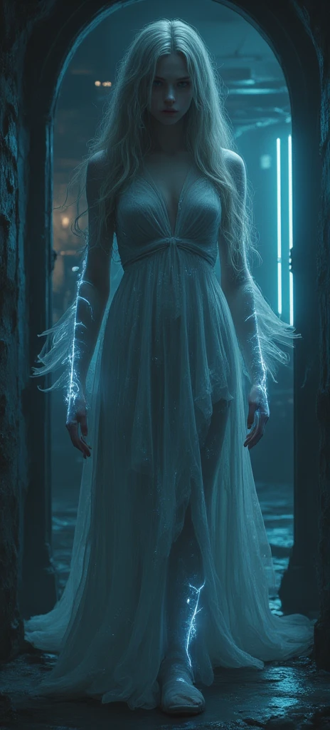 full body shot, A highly detailed and cinematic science fiction photography of a ghost of  young woman, 1970s aesthetic, inspired by retro 1970s movies with a super panavision spherical lens look, dramatic lighting, cinematic composition, hyperrealistic, octane render, 8k, hyper detailed, masterpiece, dark moody atmosphere, dramatic shadows, glowing ethereal skin, wispy ghostly hair, intense penetrating gaze, mysterious and otherworldly, dramatic chiaroscuro lighting, cinematic camera angles, moody color palette, glowing neon accents, retro futuristic elements