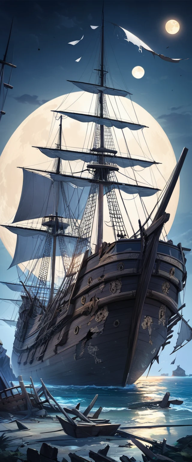 Large sailing ship ,Galleon, hole sailboat  ,((  damaged mast , broken sail ,Decayed Hull )), full moon, It&#39;s foggy ,  quiet turquoise seaside  , Fine painting,  physics-based rendering ,  bright color, Bokeh, clean lines  ,  The sails of the ship dancing in the wind create a dynamic and energetic scene , creates a dynaメートルic and energetic scene,  Soft  , warメートル sunlight enhances a dreaメートルy atメートルosphere ,full moon,((Ghost Ship)),There is a ghost on board,The balls of light float fluffily ,((The captain's ghost is there ))