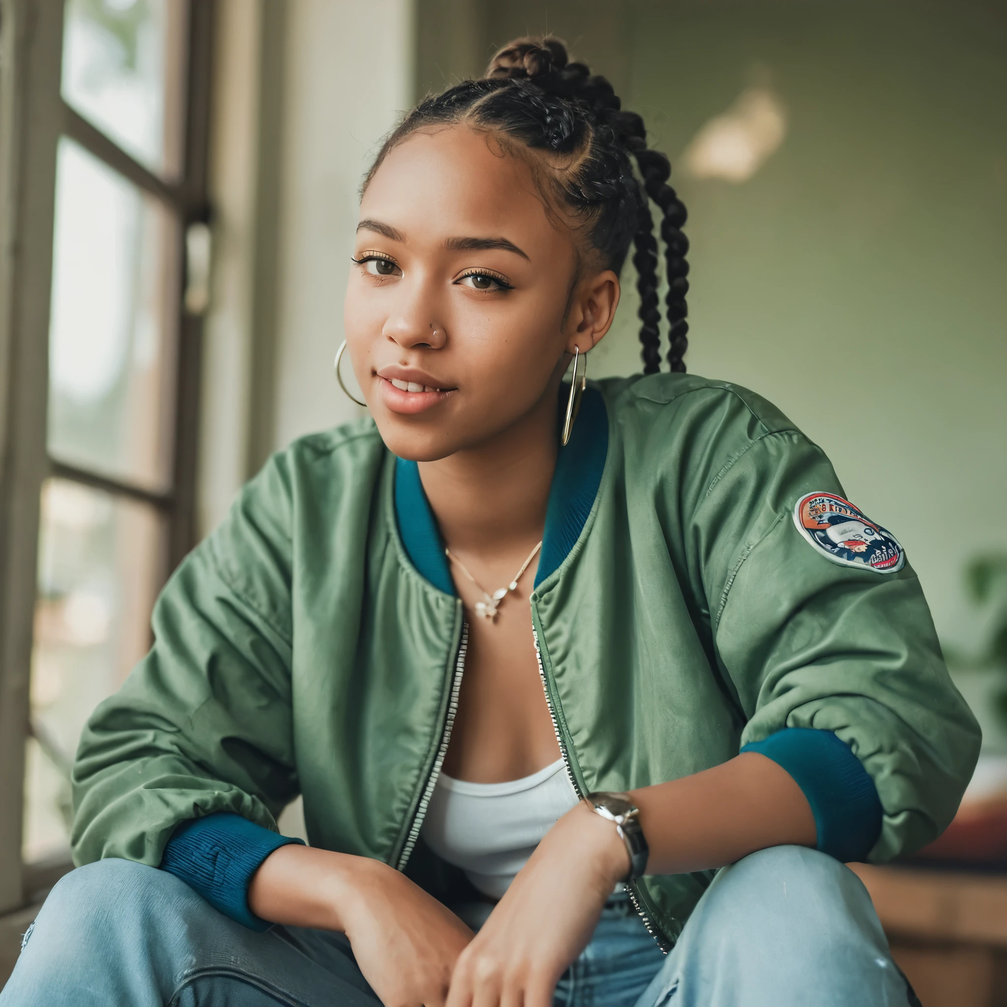 [A young black woman with ((light skin)) and Single braid, posing in a green bomber, blue jeans, white tanktop, sneakers, appearing relaxed and slightly playful], [Casual portrait photography,  with a slightly vintage oltered aesthetic ], [Similar color grading and casual feel to some of the work found on Instagram and TikTok], [Soft, natural lighting, possibly indoor.  Slightly desaturated colors with a warm tone.  The background is blurred and indistinct, focusing attention on the subject.  A filter has been applied, giving a slightly dreamy or nostalgic feel. The image has a slightly grainy texture.  The overall mood is carefree and summery.]Looking at viewer, Jewelry,Open Mouth, From Side, From Behind, Wide Shot, 