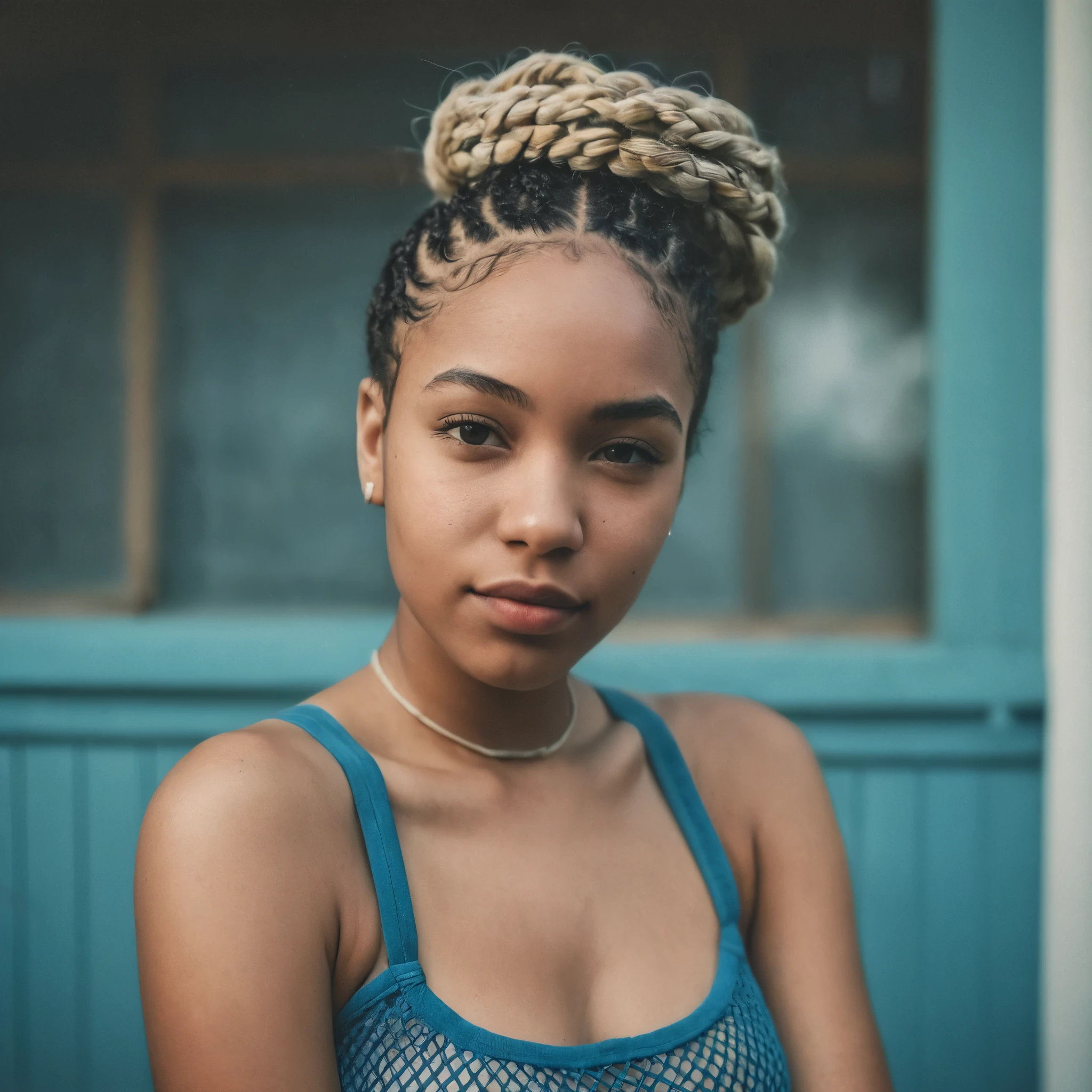 [A young black woman with ((light skin)) and braided hair, posing in a tight blue fishnet,  appearing relaxed and slightly playful], [Casual portrait photography,  with a slightly vintage oltered aesthetic ], [Similar color grading and casual feel to some of the work found on Instagram and TikTok], [Soft, natural lighting, possibly indoor.  Slightly desaturated colors with a warm tone.  The background is blurred and indistinct, focusing attention on the subject.  A filter has been applied, giving a slightly dreamy or nostalgic feel. The image has a slightly grainy texture.  The overall mood is carefree and summery.]