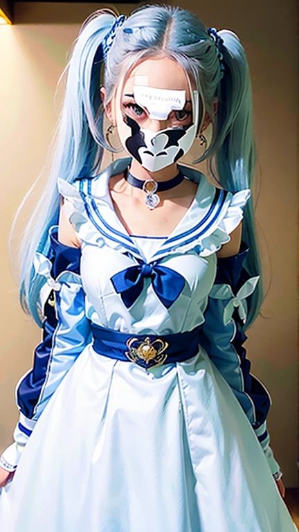 1girl, solo, long hair, white choker, blue eyes, smile, white sailor collar, choker, signature, sailor collar, twintails, hair bun, sailor senshi uniform, double bun, facial mark, white hair, jewelry, forehead mark, open mouth, dress, magical girl, brooch, white dress, looking at viewer, :d, hair ornament, hairpin, own hands together, earrings, very long hair, collarbone