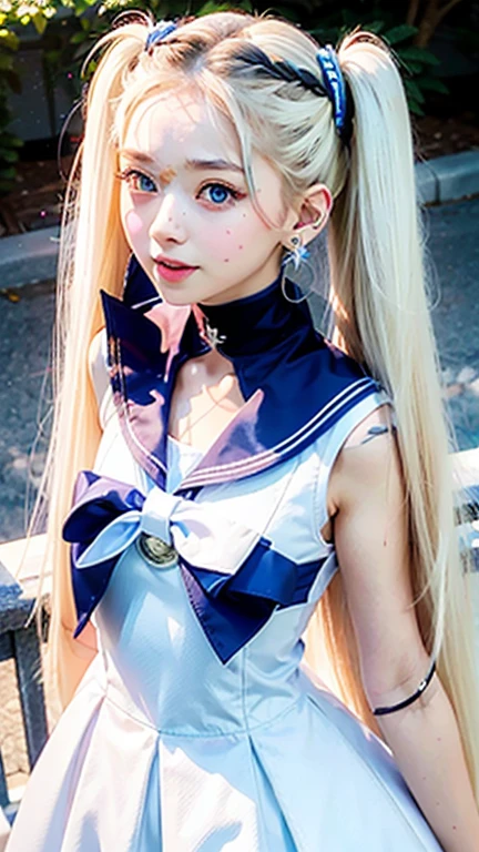 1girl, solo, long hair, white choker, blue eyes, smile, white sailor collar, choker, signature, sailor collar, twintails, hair bun, sailor senshi uniform, double bun, facial mark, white hair, jewelry, forehead mark, open mouth, dress, magical girl, brooch, white dress, looking at viewer, :d, hair ornament, hairpin, own hands together, earrings, very long hair, collarbone