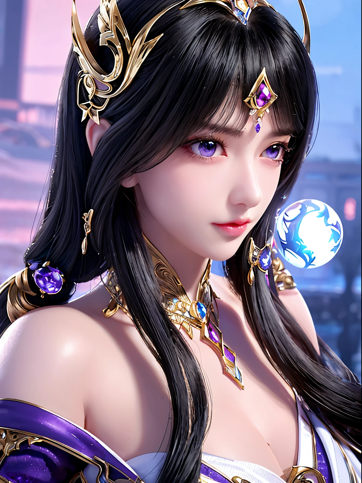 tmasterpiece，Highest high resolution，((magic orb))，Dynamic bust of beautiful aristocratic maiden，Black hair elegantly coiled，Purple clear eyes，The hair is covered with beautiful and delicate floral craftsmanship, Crystal jewelry filigree，Ultra-detailed details，upscaled, face focus,