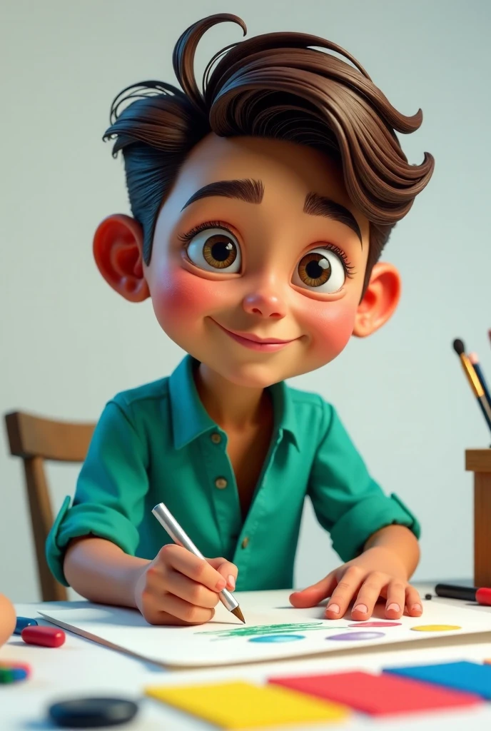 “Create a highly detailed, vibrant 3D rendered image of a character deeply engaged in graphic design, wearing a stylish teal shirt. The character has a large head, expressive features, and is surrounded by colorful design elements like palettes and brushes. The image should feature lively expressions and dynamic movements, focusing on vivid colors and realistic textures. The background should be simple and light-colored to enhance the character and design elements.”
