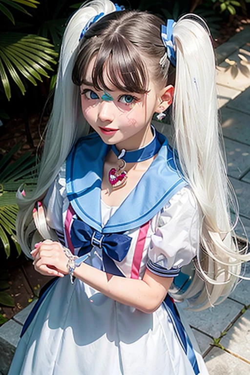 1girl, solo, long hair, white choker, blue eyes, smile, white sailor collar, choker, signature, sailor collar, twintails, hair bun, sailor senshi uniform, double bun, facial mark, white hair, jewelry, forehead mark, open mouth, dress, magical girl, brooch, white dress, looking at viewer, :d, hair ornament, hairpin, own hands together, earrings, very long hair, collarbone