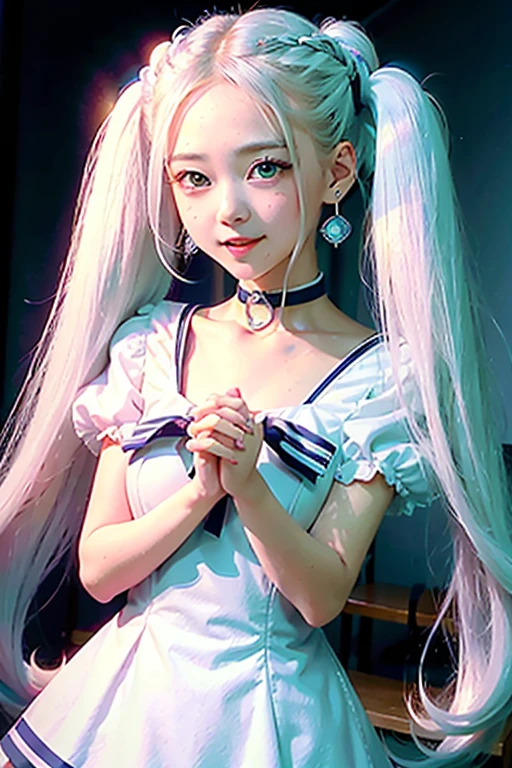 1girl, solo, long hair, white choker, blue eyes, smile, white sailor collar, choker, signature, sailor collar, twintails, hair bun, sailor senshi uniform, double bun, facial mark, white hair, jewelry, forehead mark, open mouth, dress, magical girl, brooch, white dress, looking at viewer, :d, hair ornament, hairpin, own hands together, earrings, very long hair, collarbone