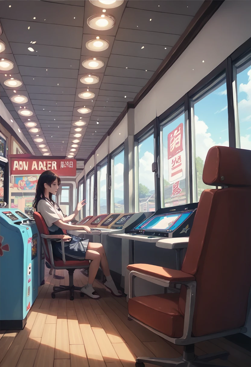 game_center, scenery, japan, arcade cabinet, chair, poster (object), indoors, realistic,