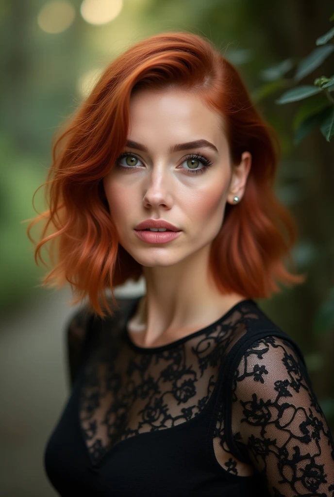 Photograph of a beautiful woman with shoulder-length red hair in a bob hairstyle, wearing a black lace top, looking at the camera. Shot on a Sony Alpha A7 III with a portrait lens at f/4 aperture, 1/50 second shutter speed, ISO 2800, creating a bokeh effect with natural lighting and soft tones and shadows.