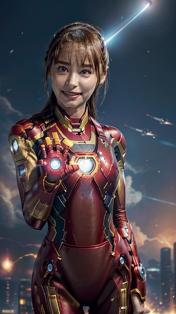 (Highest quality、Masterpiece、Best Quality、 Kampala)、One Woman、Alone、whole body、Smiling Kindly、(flat chest、small breast、slim body)、(Iron Man Costume:1.4)、(She has a reactor on her chest )、( she fires beams from both hands:1.3)、(she is floating in the air:1.3)、Outdoor、(Dilapidated cityscape:1.3)、(bombing、Air Combat、Fighter、missile、 jet)