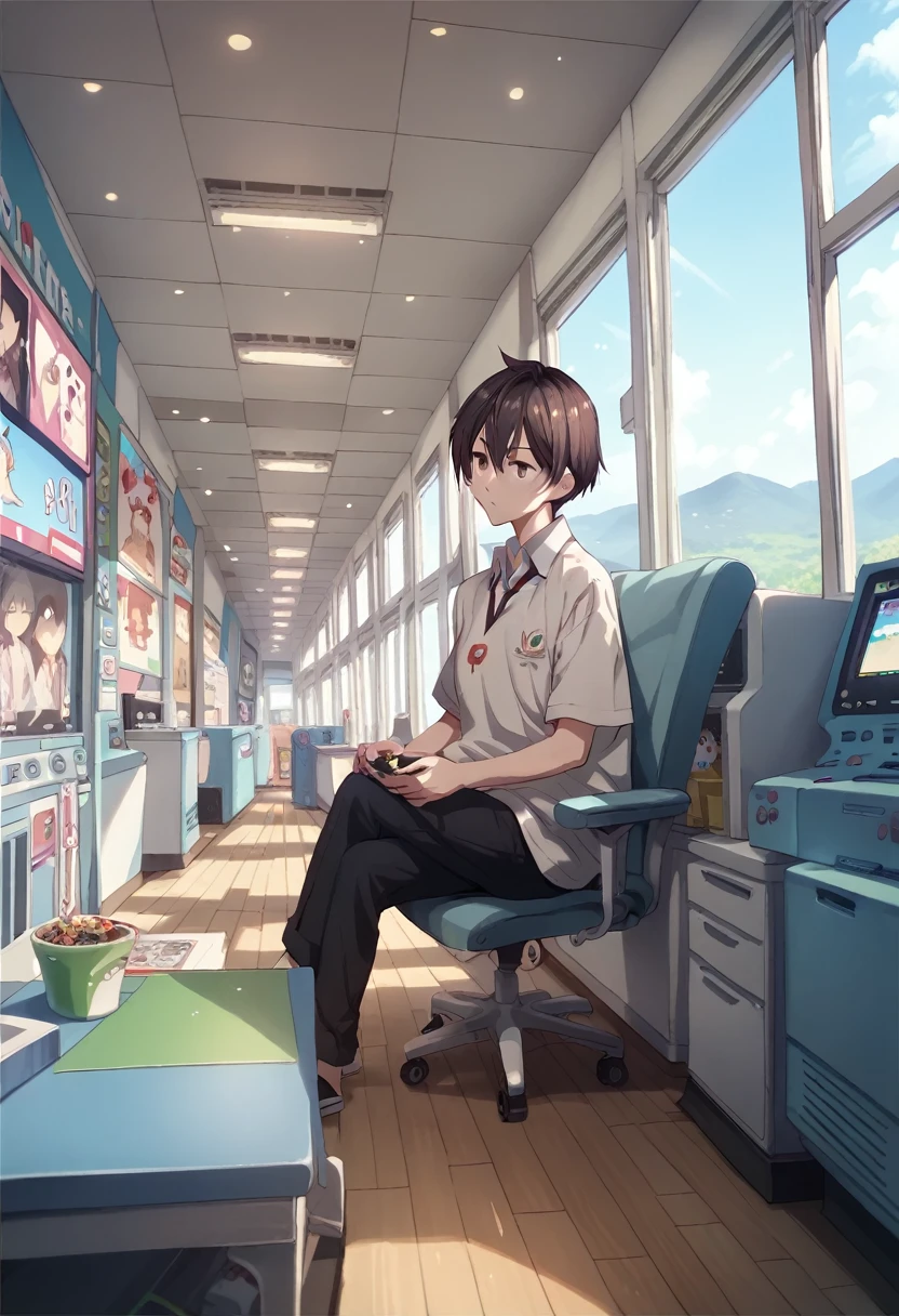 kuze masachika,brown hair,brown eyes,short hair,hair between eyes,game_center, scenery, japan, arcade cabinet, chair, poster (object), indoors, realistic,