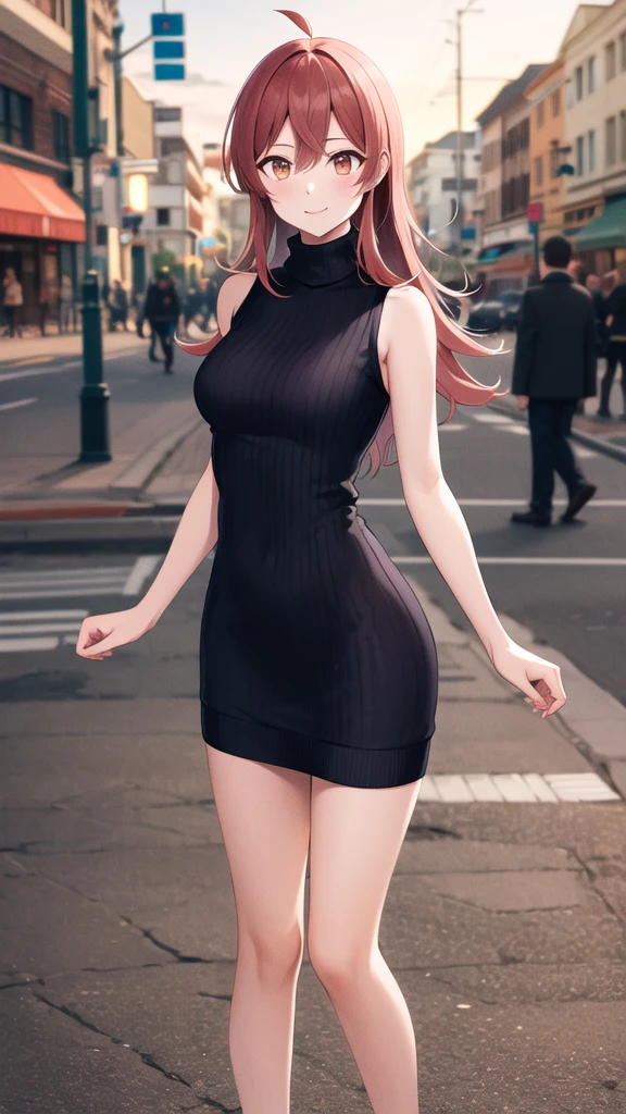 masterpiece, best quality, highres, aakaho, long hair, ahoge, turtleneck sweater, virgin killer sweater, standing, street, cowboy shot, sleeveless, sweater dress,