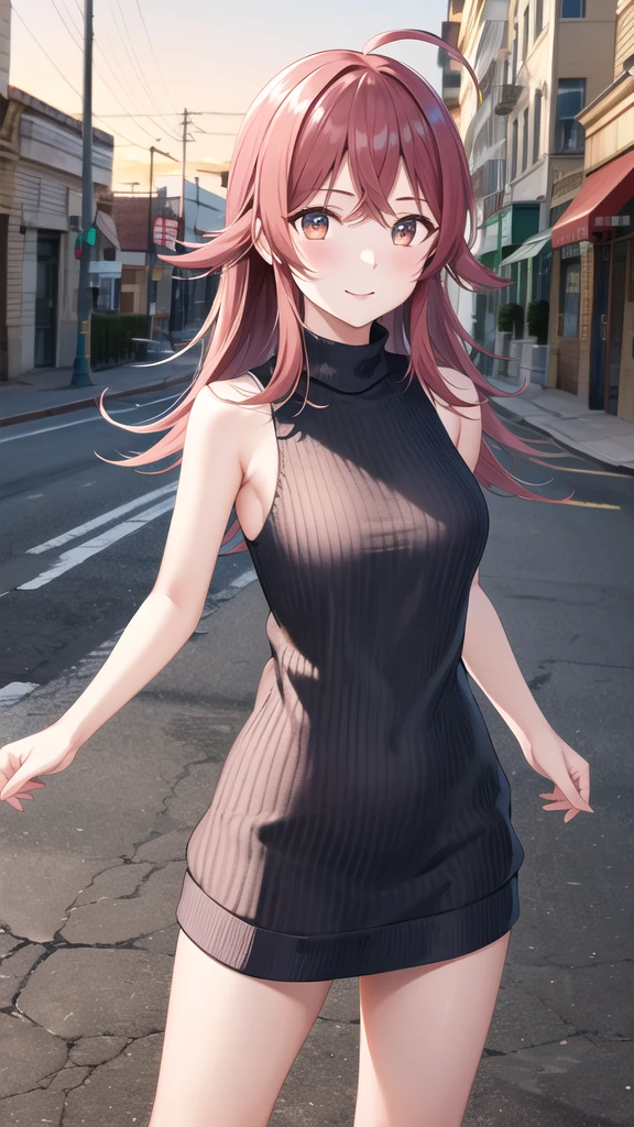 masterpiece, best quality, highres, aakaho, long hair, ahoge, turtleneck sweater, virgin killer sweater, standing, street, cowboy shot, sleeveless, sweater dress,