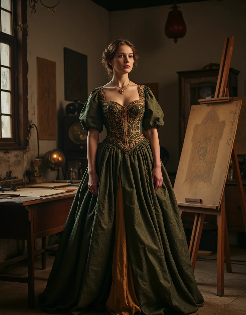 A full-color high-fashion editorial with a tight crop, positioning the model slightly off-center to capture a dynamic, immersive scene. The model, Amelia, is dressed in a sumptuous Renaissance gown adorned with intricate embroidery and delicate jewels, capturing elegance and historical allure. Her pose is poised yet inviting as she stands near a wooden easel, where an unfinished painting awaits, hinting at the genius in the room. Surrounding her are meticulously crafted sketches, mechanical drawings, and early inventions, all lit by the soft, golden light filtering through the rustic workshop windows. The setting combines shadows and warm highlights, casting a timeless aura that emphasizes both Amelia’s grace and the visionary atmosphere of da Vinci’s workspace. The color scheme is rich and muted, with deep, earthy tones of dark greens, browns, and aged golds, evoking the charm and mystique of the Italian Renaissance. Amelia’s expression is introspective yet subtly seductive, engaging the viewer with a gentle, direct gaze.