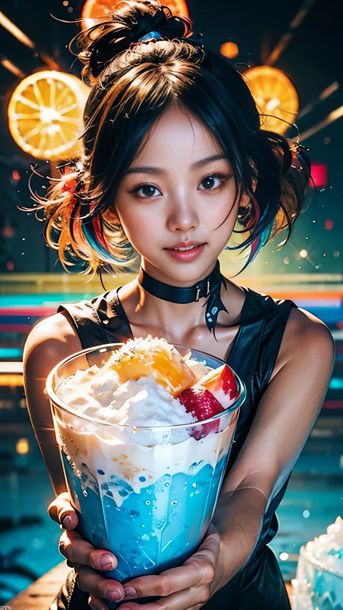 masterpiece、top-quality、top-quality、Colorful cute kitten design with illustration、Eat shaved ice、ighly detailed、colourfull、highestdetailed、Wide range of shots、gorgeous colors、grains of sugar、kirakira、Colorful colors of bright ice、Image-like backgrounds、Fun bright atmosphere、Colorful fruits flying around shaved ice