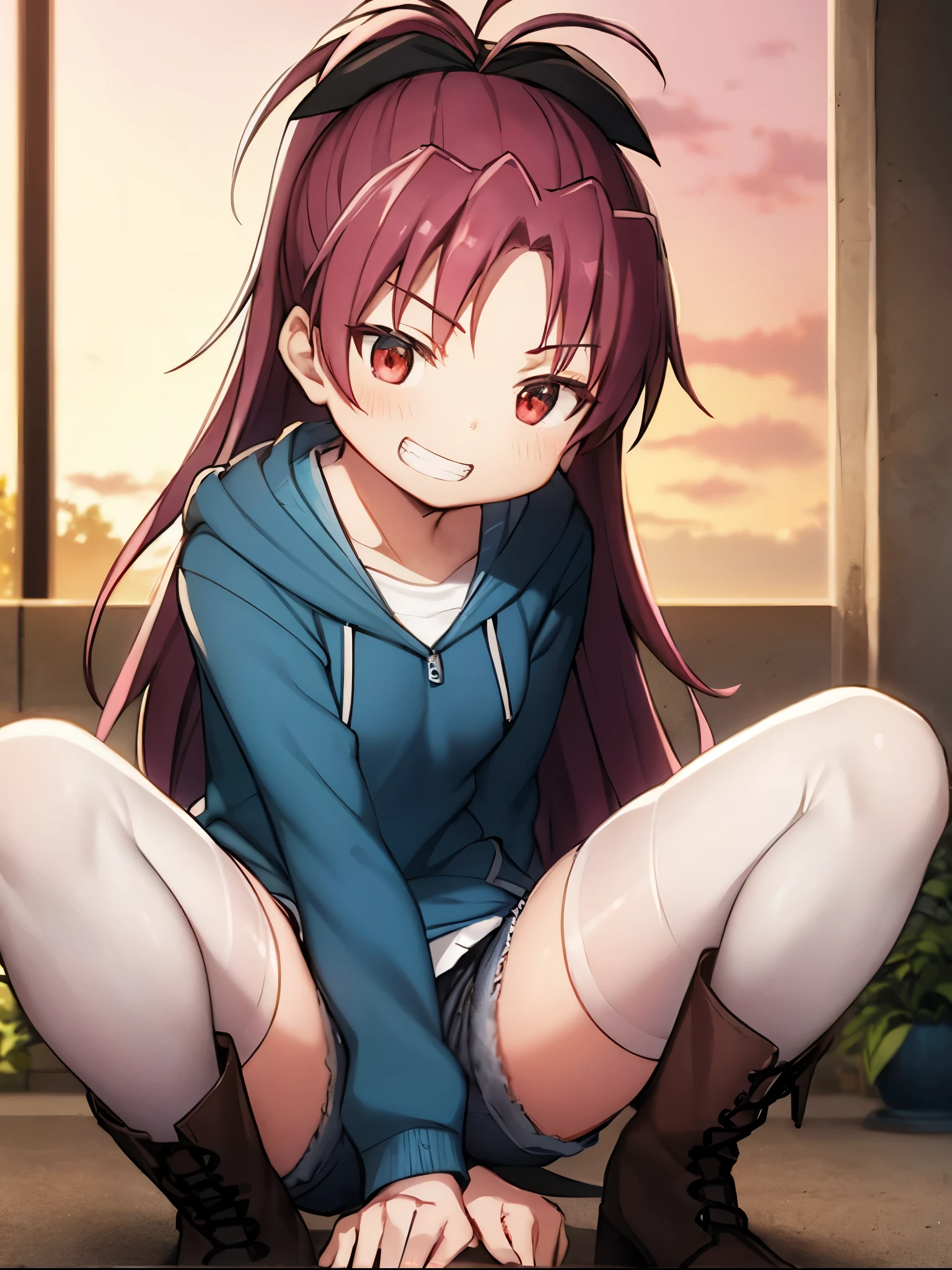 best quality, masterpiece, highres, detailed, digital artwork, <lora:Detail - add_detail:0.2>, SayakaYumi, short twintails, red hair, green eyes, blue gloves, pink hoodie, white skirt, shorts under skirt, happy, blush, <lora:Character - SayakaYumi:0.8>