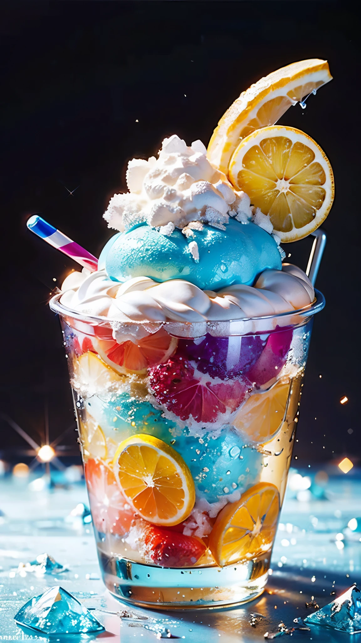 masterpiece、top-quality、top-quality、Colorful cute kitten design with illustration、Eat shaved ice、ighly detailed、colourfull、highestdetailed、Wide range of shots、gorgeous colors、grains of sugar、kirakira、Colorful colors of bright ice、Image-like backgrounds、Fun bright atmosphere、Colorful fruits flying around shaved ice