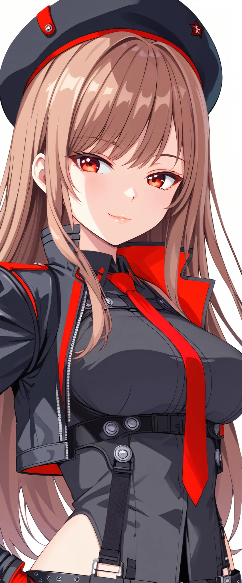 (超詳細なeye、Detailed face, ultra high resolution、 Super High Quality 、eye),ANIME SCREENCAP,rapidef, red eyes, brown hair, long hair, bangs, beret, black jacket, cropped jacket, red necktie, gloves, black shirt,half-closed eye,Glossy lips,smile,From the waist up,simple background