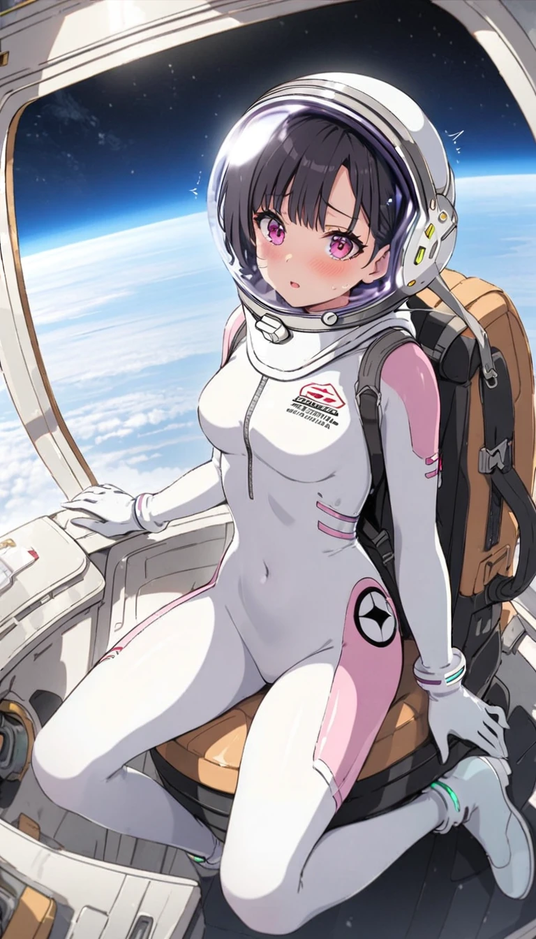 1人of女of子,Alone,short hair,(Space Suit:1.15), Black Hair Space Helmet ,whole body, indoor, masterpiece of the highest quality,  trembling, difficulty breathing, bodysuit,Lumine ,  Bubble Helmets , short hair,  backpack,gloves,blush,internal (cockpit) of (Futuristic spaceship:1.6), Sitting on narraw futuristic spacecraft cockpit seat, Covered navel, short hair