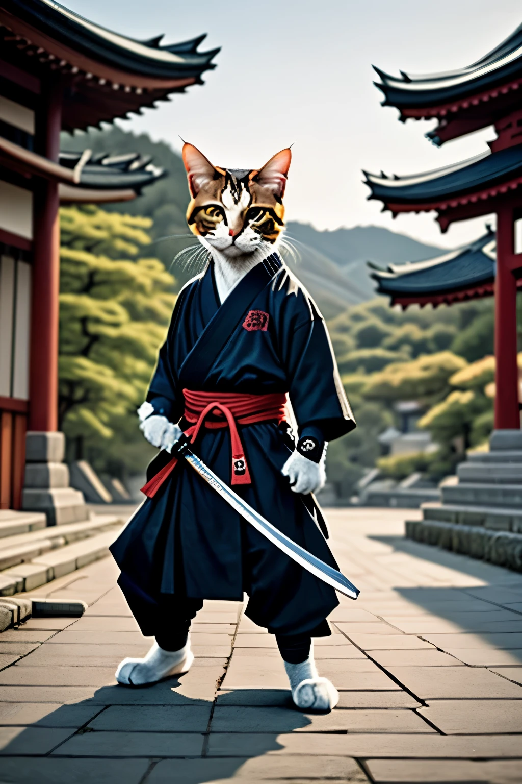 cat, samurai, clothing, katana, outdoors, pants, barefeet