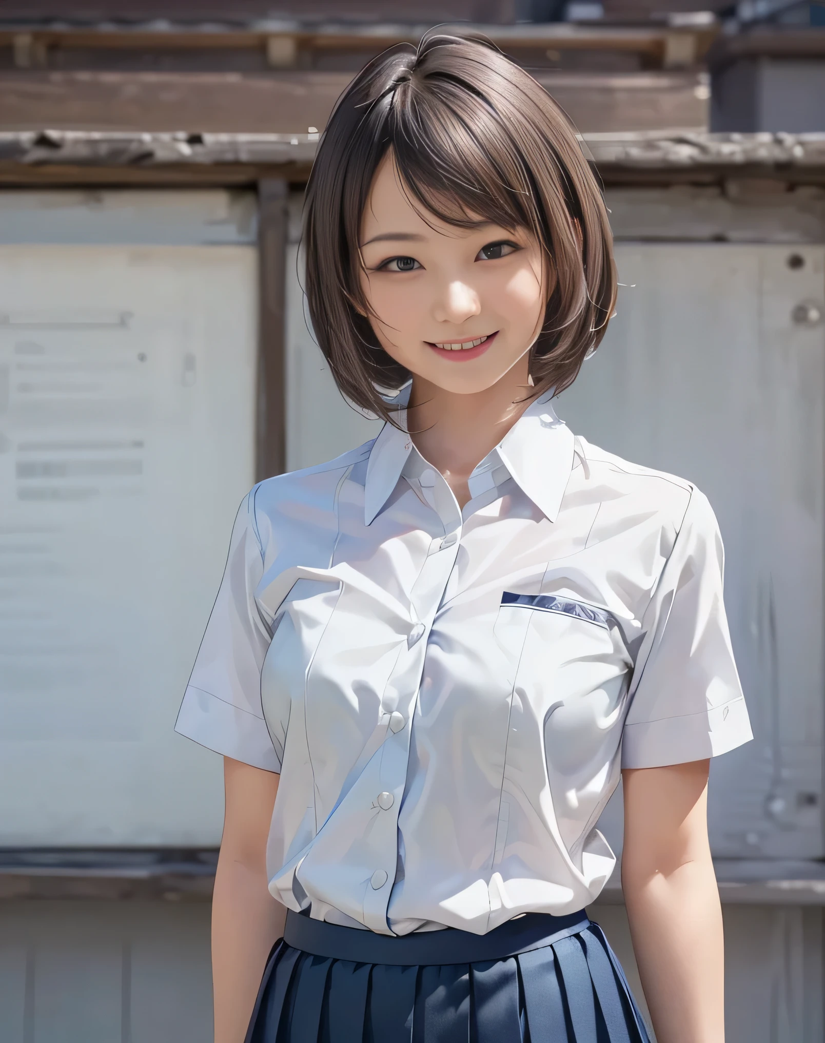 (Realistic:2.0),(High resolution:1.5),(Mastepiece),(1 girl:1.5),(solo:1.5),(looking at the viewer),Small face,(small Breasts),(school uniform),bob hair,bangs,(pleats skirt:1.3),(white shirt),(Short sleeve),(Detailed eyes),(Accurate eyes),(Wide eyes),(good mood:1.5),(smile:1.3),