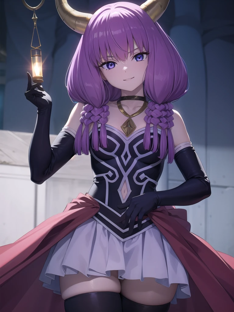 aura the guillotine, aura the guillotine, long hair, (purple eyes:1.1), purple hair, braid, horns, twin braids, smile,
BREAK skirt, thighhighs, gloves, choker, black gloves, elbow gloves, magical girl,
BREAK outdoors,
BREAK looking at viewer,
BREAK (masterpiece:1.2), best quality, high resolution, unity 8k wallpaper, (illustration:0.8), (beautiful detailed eyes:1.6), extremely detailed face, perfect lighting, extremely detailed CG, (perfect hands, perfect anatomy),