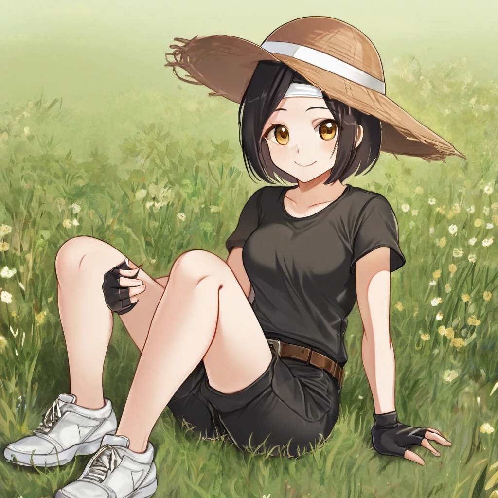 Spring meadow, lunch time in pleasant sunlight, 25 year old female, cute smile, lunch break on grass, black short cut, pale blue t-shirt, black shorts, ((cute straw hat)), looking at camera, ((white headband)), brown belt, black slacks black shorts, fingerless gloves, white sneakers